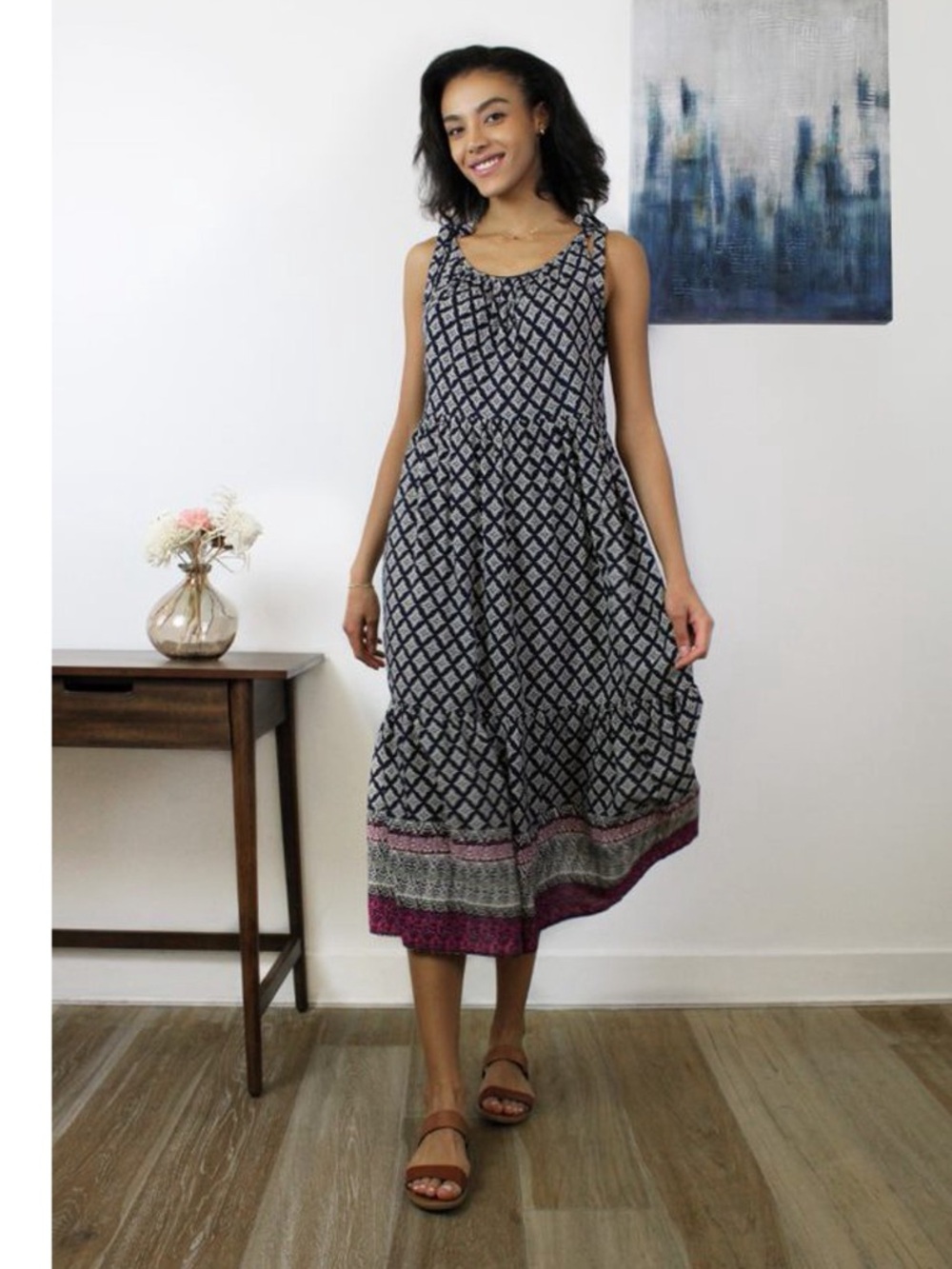 Beach Lunch Lounge Dress Women's XXL CeCe Shoulder Tie Fit Flare Geometric Navy